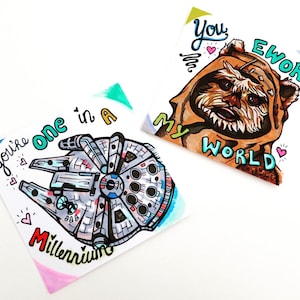 Cartes de Saint-Valentin Star Wars amusantes super mignonnes dessinées à la main avec Ewok et Millennium Flacon