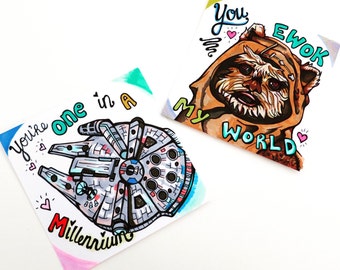 Uniquely Hand-Drawn Super Cute Funny Star Wars Valentines Day Cards with Ewok and Millennium Flacon