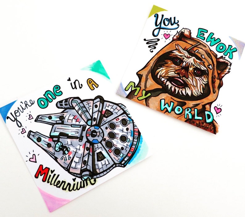 Uniquely Hand-Drawn Super Cute Funny Star Wars Valentines Day Cards with Ewok and Millennium Flacon image 1