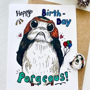 Cartão de aniversário exclusivo Porg Punny Star Wars - Último Jedi desenhado à mão - em branco por dentro