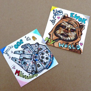 Uniquely Hand-Drawn Super Cute Funny Star Wars Valentines Day Cards with Ewok and Millennium Flacon image 4