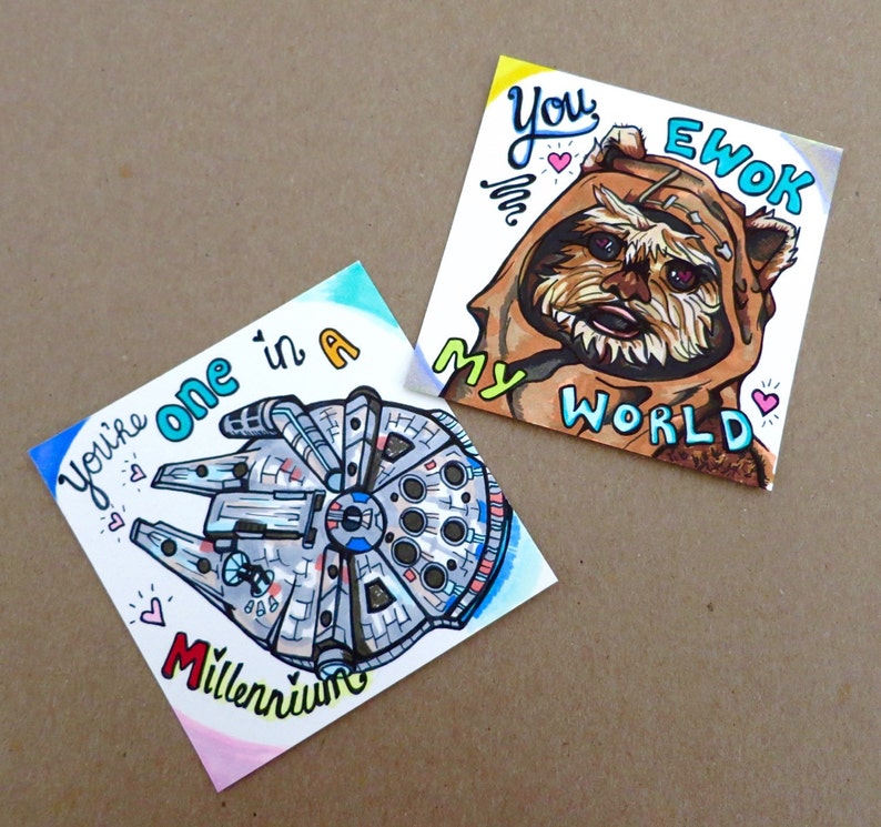 Uniquely Hand-Drawn Super Cute Funny Star Wars Valentines Day Cards with Ewok and Millennium Flacon image 4