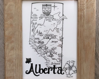 Einzigartig handgezeichnet Alberta kanadische Provinz Illustration Karte drucken