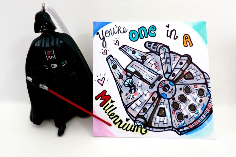 Uniquely Hand-Drawn Super Cute Funny Star Wars Valentines Day Cards with Ewok and Millennium Flacon image 3