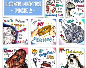 PICK 2 - Love Note Valentine Star Wars / Dinosaur / Nutella / Super Adorable Small Cards