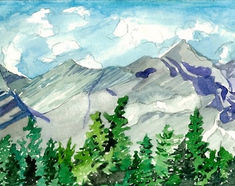 Canadian Rockies Alberta Banff Mountains Watercolour Print &quot;Road to Banff&quot;