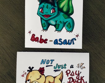 Uniquely Hand-Drawn Drag-Queen Bulbasaur and Psy Duck Love/Friendship/Anniversary/Birthday Card - blank inside