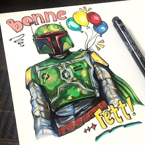Carte d’anniversaire Boba Fett Français Pun Star Wars dessinée à la main « Bonne Fête » - vierge à l’intérieur
