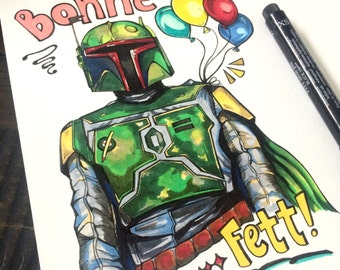 Hand-drawn Boba Fett French Pun Star Wars birthday card "Bonne Fete" - blank inside