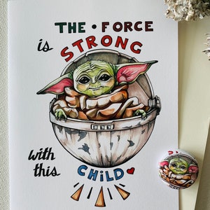 Adorable carte de voeux mandalouse BABY YODA dessinée à la main, amour/anniversaire/bébé/amitié - vierge à l'intérieur