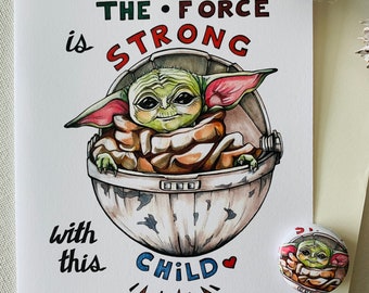 Uniquely Hand-Drawn Adorable BABY YODA Mandalorian love/birthday/baby/friendship Greeting Card - Blank Inside