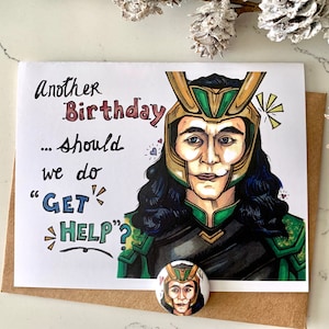 Engraçado Loki Deus da Travessura Marvel “Get Help” Ragnarok Cartão Exclusivamente Desenhado à Mão - Em Branco Por Dentro
