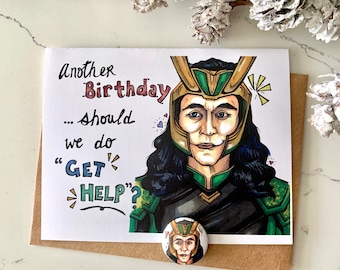 Funny Loki God of Mischief Marvel “Get Help” Ragnarok Uniquely Hand-Drawn Card - Blank Inside