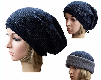 Navy Blue Ribbed Knit Hipster Slouchy Beanie  Soft and Comfy Sweater Knit Hat  Kids Toque