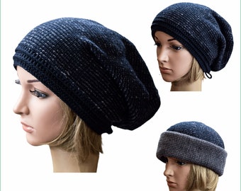 Navy Blue Ribbed Knit Hipster Slouchy Beanie Soft and Comfy Sweater Knit Hat Kids Toque