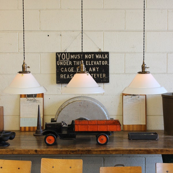 Each SOLD SEPARATELY: x29 Available! 14" French Vintage Industrial Vianne NOS White Glass Pendant Lights