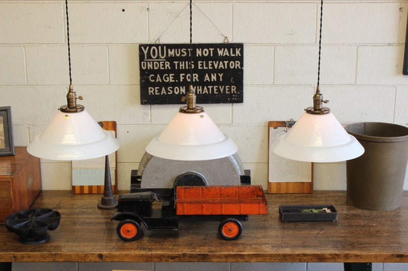 Each SOLD SEPARATELY: x29 Available 14 French Vintage Industrial Vianne NOS White Glass Pendant Lights afbeelding 2