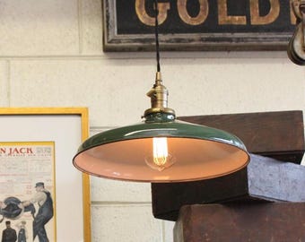 Last One! x1 Vintage Antique Industrial 14" Green Porcelain Enamel Factory Pendant Light - 1940s