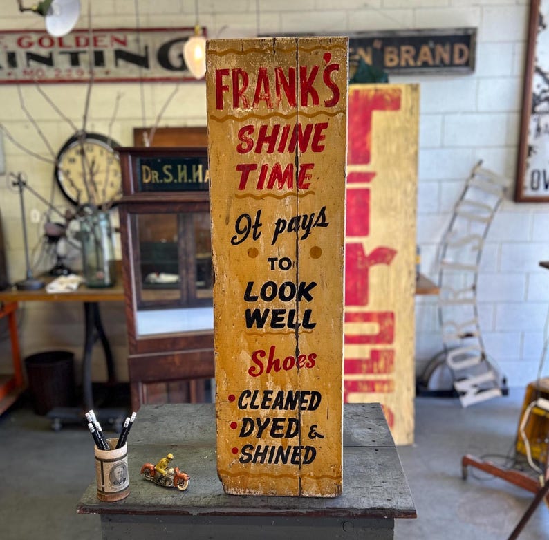 Original Vintage Hand Painted Frank's Shoe Shine Wood Trade Sign ...