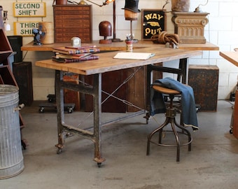 Pick Up Only: Vintage Antique Industrial 68"x26" Cast Iron + Butcher Block Desk/ Workbench
