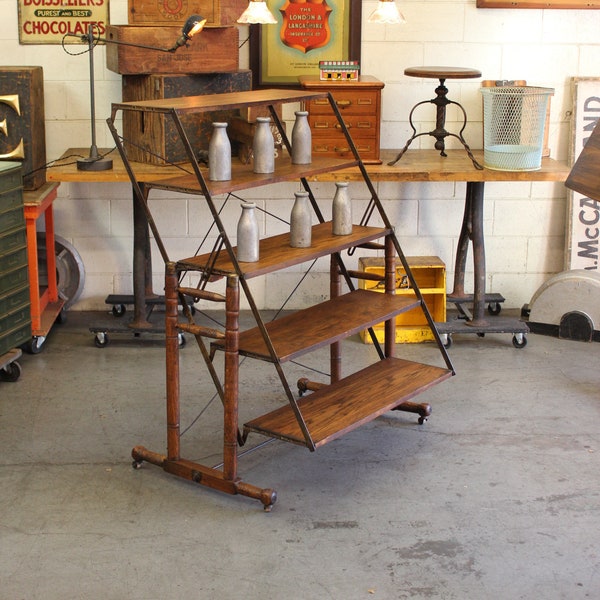 Victorian Antique Industrial Oak Baker's Shelf/ Rack/ Table w/ Cast Iron Brackets- 1890s