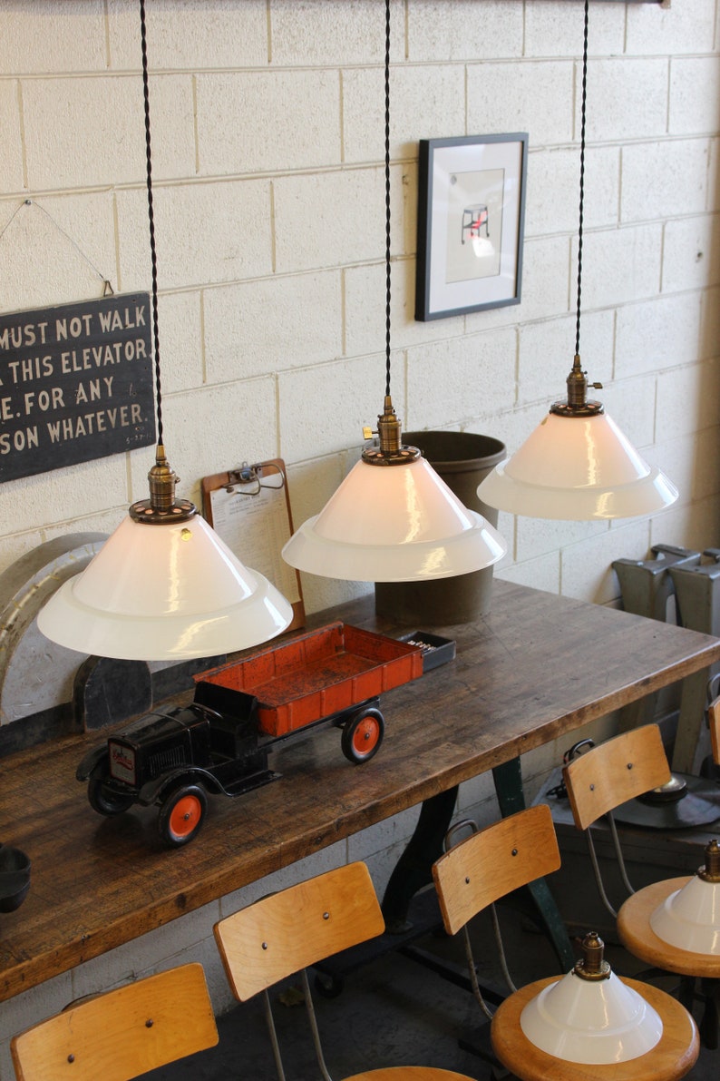 Each SOLD SEPARATELY: x29 Available 14 French Vintage Industrial Vianne NOS White Glass Pendant Lights afbeelding 3