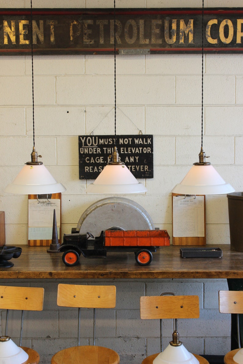 Each SOLD SEPARATELY: x29 Available 14 French Vintage Industrial Vianne NOS White Glass Pendant Lights afbeelding 1