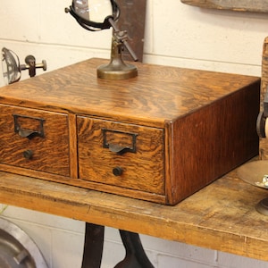 c.1905 Antique Oak 2 Drawer 5 x 8 Index Card File Library Box w/ Copper Flashed Pulls