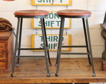Pair x2 Vintage Industrial 24" Angle Steel Stool Co. Stools/ Factory Chairs ca. 1940s