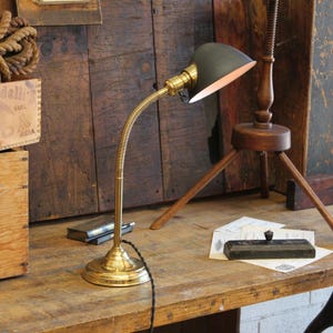 Vintage Antique Industrial Almond/ Faries Era Brass Gooseneck Desk Lamp/ Light w/ Hubbell Reflector
