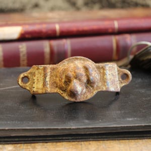 May include: A weathered, rusty metal drawer pull with a lion's head design. The pull has a rectangular shape with a central lion's head and two mounting holes on each end. The finish is a mix of brown and yellow.
