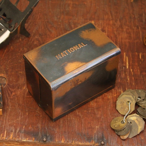 Vintage Antique Industrial National Receipt/ Index Card File/ Box w/ Japanned/ Copper Flash Finish - 1920s