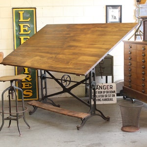 Ships FREE! Vintage Industrial Antique Keuffel and Esser Drafting Table w/ Cast Iron Base - 1910s
