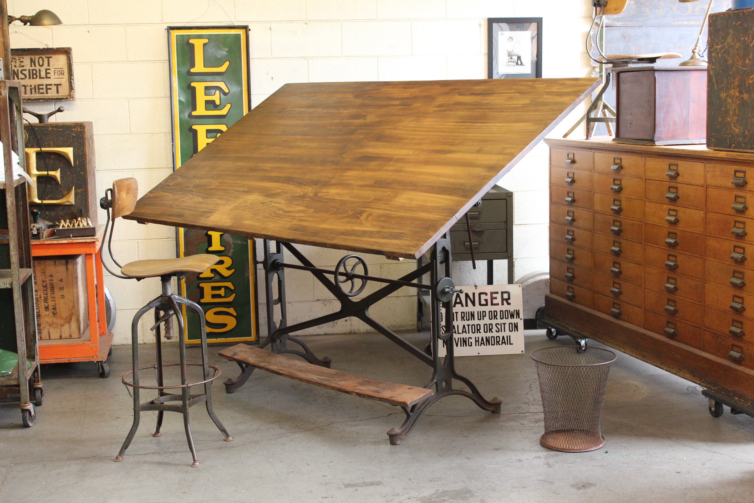 1940's Architect's Drafting Table - Midcentury Wooden and Iron Metal Base