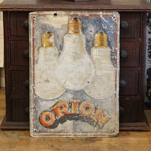 c.1930s Vintage Orion Light Bulbs Tin Litho Embossed Advertising Sign