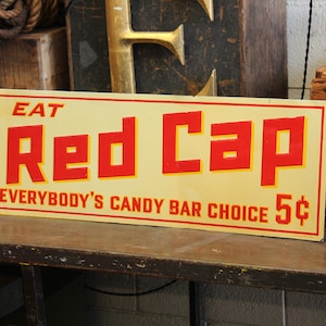 Vintage Red Cap Chocolate Candy Bar Embossed Tin Advertising Sign - 1950s