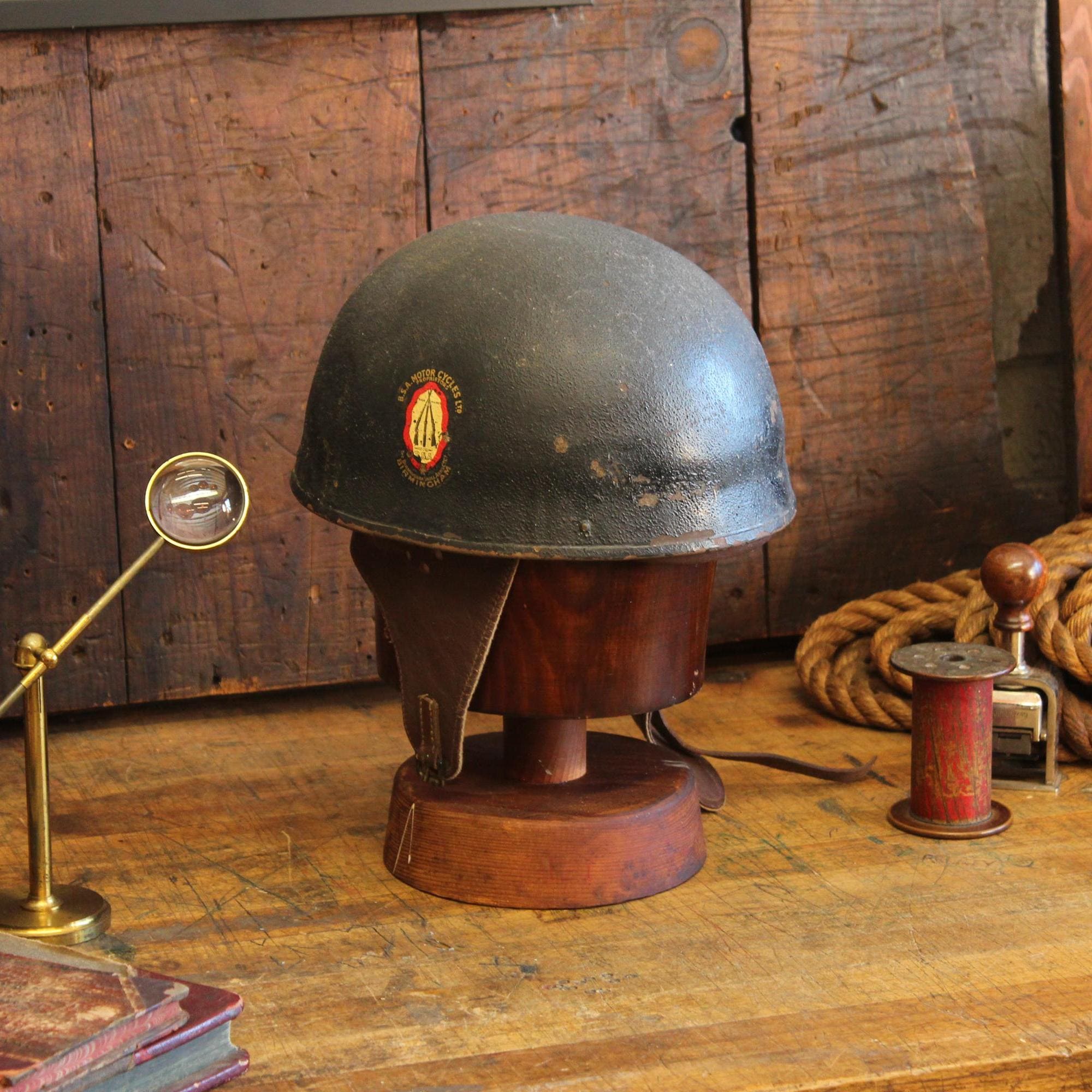 1940s bike helmet C.1940s Original BSA Vintage Motorcycle Helmet Steel/ Leather WW2 Era,  Large Size 7