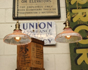 Pair (x2) Vintage Antique Industrial 8" Holophane Ribbed Glass Pendant Lights