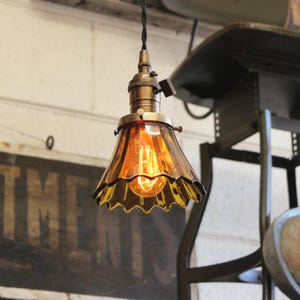 Vintage Antique Industrial 5&quot; Amber Glass Pendant Light Lamp - 1940s