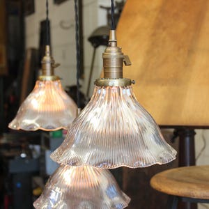 x1 Vintage Antique Industrial Holophane Ruffled Glass Pendant Light
