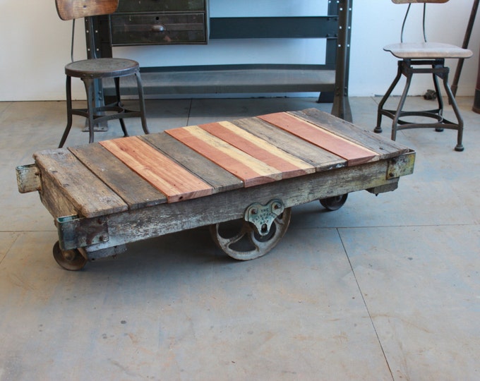 Vintage Industrial/ Rustic Antique Wood Railroad Baggage Cart/ Coffee