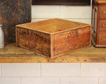 Antique Vintage Industrial Arm & Hammer NYC Baking Soda Wood Advertising Crate Box - 1920s