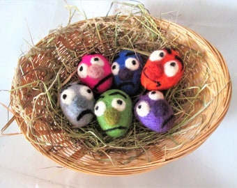 Decorative needle felted eggs, set of 6, handmade felted egg faces, bad eggs, felt egg people, eco easter eggs ornaments,