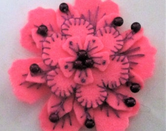 Handcrafted wool felt pink flower beaded brooch with embroidery eco friendly floral decorative festival jewellery nature inspired OOAK gift