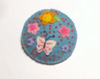 Blue floral wool felt brooch, hand embroidered felt flowers, butterfly pin for jackets, hat, bag, ideal gift for Mother's Day or Easter OOAK