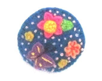 Blue floral wool felt brooch, hand embroidered felt flowers, butterfly pin, for jackets, hat, bag, ideal gift for Mother's Day / Easter OOAK