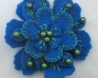 Handcrafted wool felt blue flower beaded brooch with embroidery eco friendly floral decorative jewellery nature inspired OOAK original gift