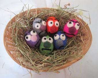 Decorative needle felted eggs, set of 6, handmade felted egg faces, bad eggs, felt egg people, eco easter eggs ornaments,