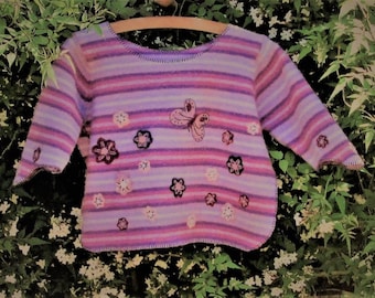 Felted upcycled recycled repurposed pink purple girls size 4 - 6 sweater jumper poncho with needle felted flowers and butterfly motif OOAK