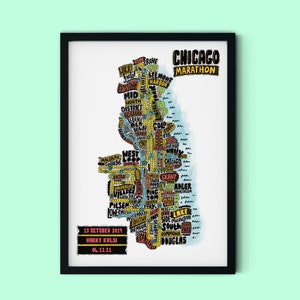 Gepersonaliseerde routekaart Chicago Marathon // Muurkunst // Kunstafdruk // Hardloopcadeau